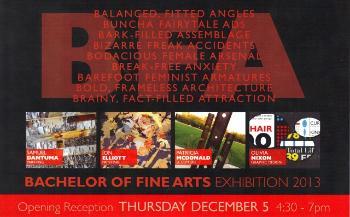 BFA Exhibit postcard - Fall 2013: Samuel Dantuma, Jon Elliott, Patricia McDonald, and Olivia Nixon